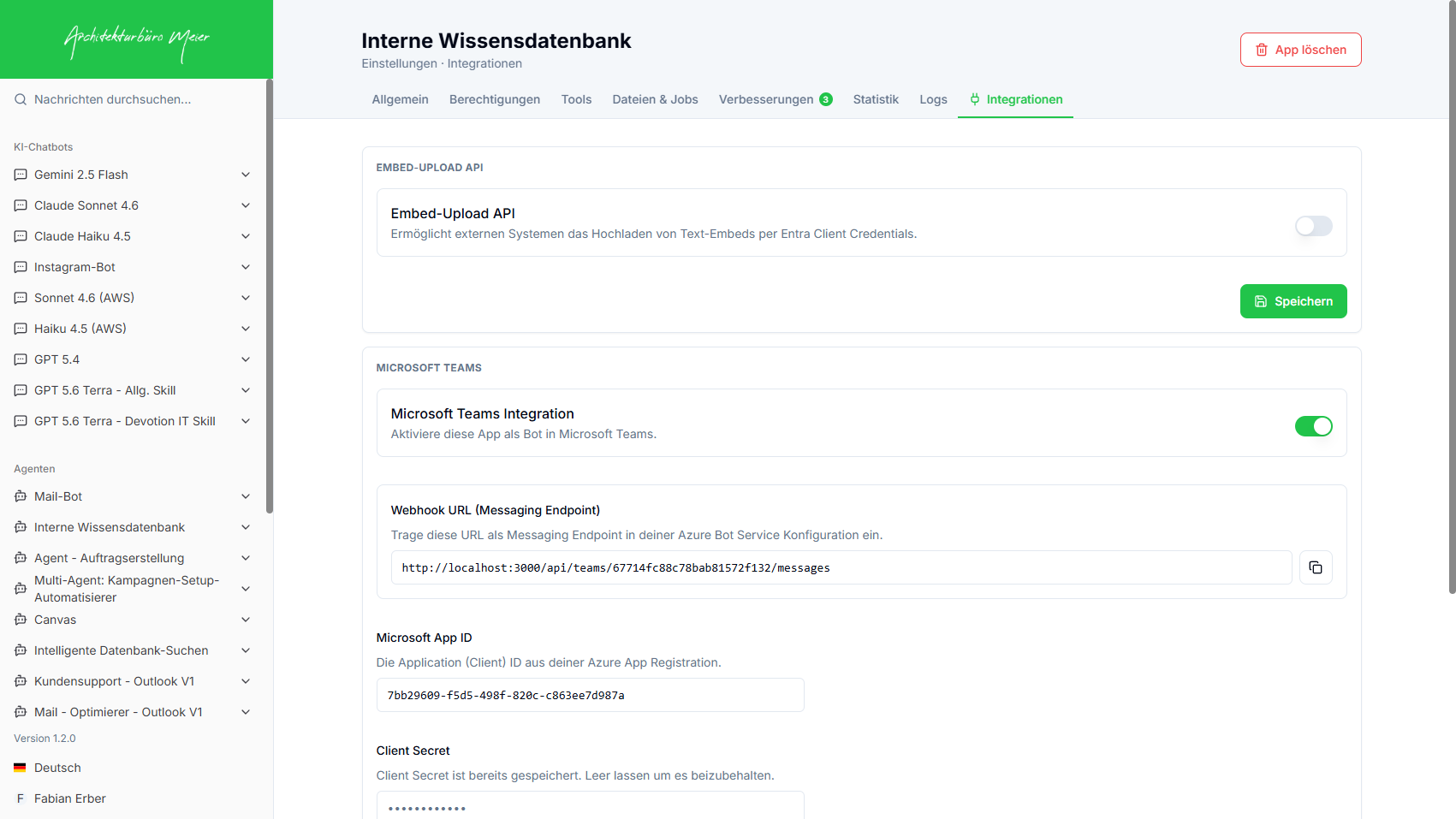 Integrationen: Microsoft Teams aktiv
