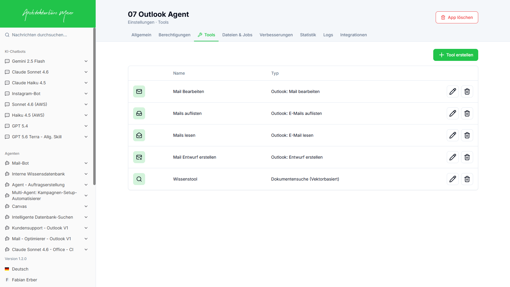 Tools-Liste eines Outlook-Agenten